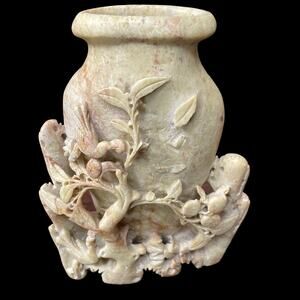Carved Soapstone Vase Relief Chinese Antique Sculpture Vintage Oriental 9" READ